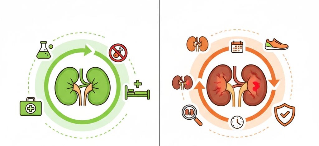 ग्राफिक किडनी रिकवरी दिखा रहा है: एक्यूट (AKI) में पूर्ण रिकवरी, क्रोनिक (CKD) में सीमित सुधार